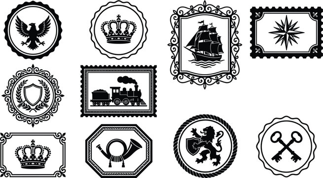 Vintage Postage Stamp and Royal Heraldry Silhouette Vector Set with Imperial Crowns, Heraldic Lions, Eagles, Sailing Ships, and Steam Train Icons