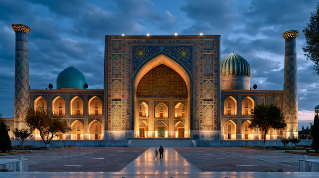 Timeless Splendor: The Illuminated Mosaics and Majestic Symmetry of Registan Square at Twilight