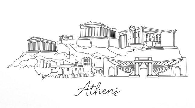 Continuous line drawing of athens acropolis skyline, greece minimalist vector illustration of ancient greek architecture, parthenon and erechtheion