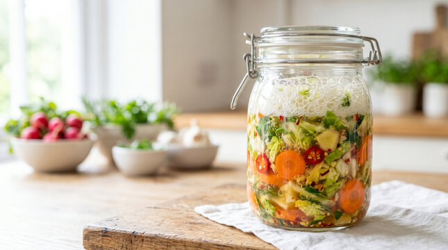 Fermented jar bubbling with active fermentation process and vegetables  