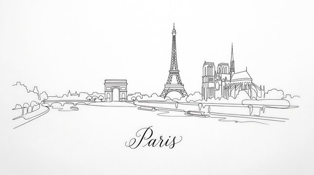 Paris city skyline continuous line drawing iconic landmarks including eiffel tower, arc de triomphe and notre dame cathedral isolated on white background