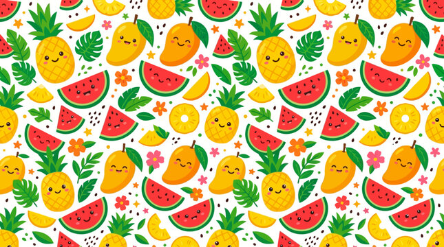 Colorful fruit icons, seamless pattern, tropical fruit symbols, cute illustrations