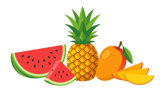 Fresh fruit icons, watermelon, pineapple, mango, colorful vector illustrations, food symbols