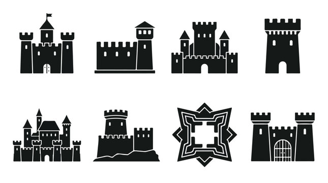 Medieval castle silhouette icons, set of 8 black fortress and citadel vector symbols, ancient palace and kingdom tower graphics for gaming and maps