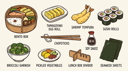 Hand drawn set in vintage outline illustration style of sushi rolls and various Japanese food © Crushin