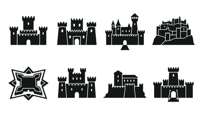 Medieval castle silhouette icons set, 8 black fortress and citadel vector symbols, ancient palace and kingdom architecture graphics for maps