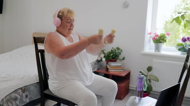 Overweight elderly lady drinking water from purple bottle at home fitness at home