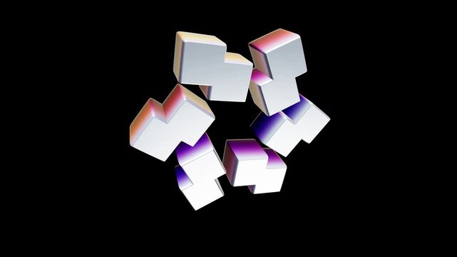 3D rendered spinning metallic dark blue and purple block shapes isolated on black background, loopable central abstract geometric motion graphics.