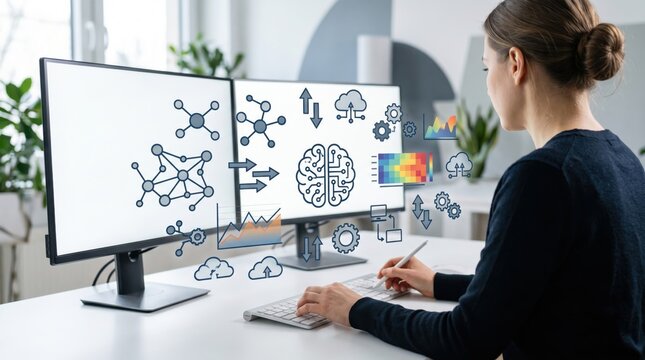 Woman working on computer monitors displaying artificial intelligence neural network icons and brain graphics for machine learning algorithm development and big data analysis