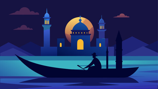 Man in a boat in front of a mosque at night