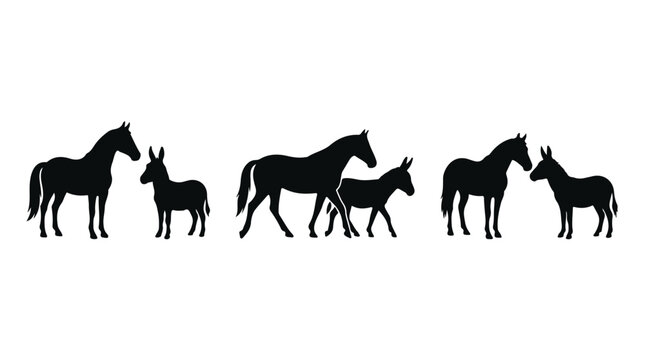 Minimalist horse and donkey silhouettes, black equine animal shapes on white background, farm livestock vector graphics for ranch branding