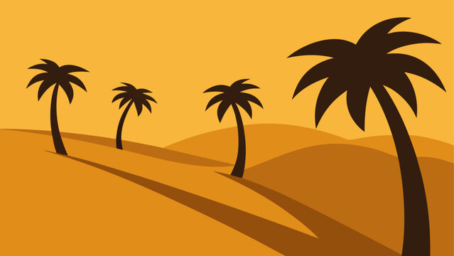 Desert landscape with palm trees at sunset