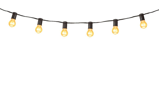 String lights garland with glowing retro edison bulbs creating festive illumination on transparent background