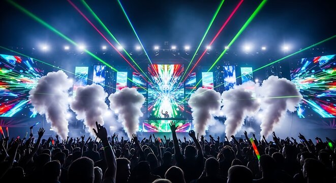 Dynamic Concert Stage with Smoke and Laser Effects.