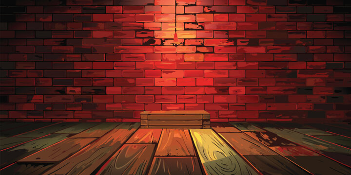 Empty room with red brick wall and old wooden floor under single light vector illustration.