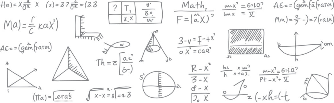 Hand drawn mathematical equations and geometric diagrams in grey on white background mathematics formula
