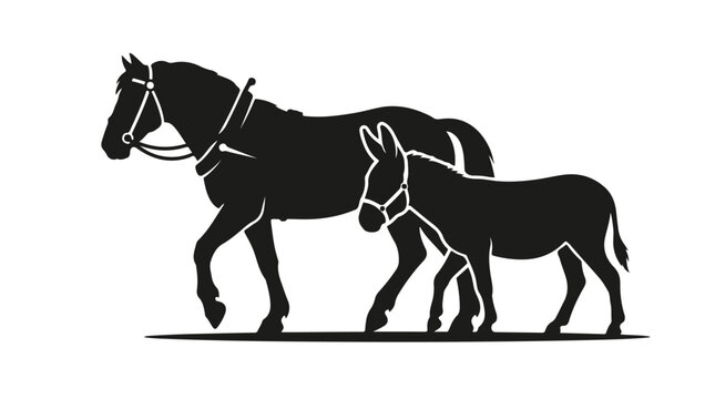 Vintage horse and donkey silhouette vector, rustic farm animal profile graphics, black equine and burro icons for ranch branding and country logos