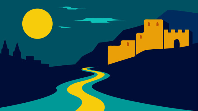 Silhouette of castle on hill with winding road under moonlight