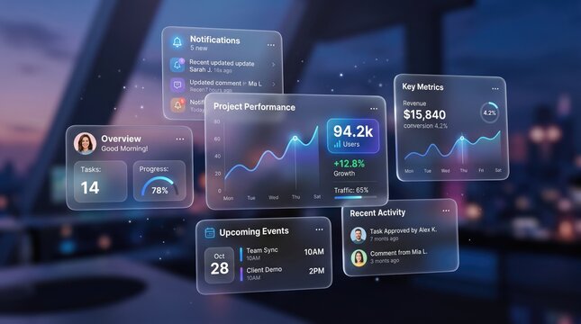 Futuristic glassmorphism business dashboard, holographic data visualization interface, digital project performance charts over blurred city office background