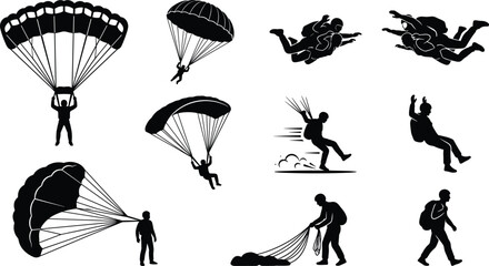 Skydiving and Parachuting Silhouette Icon Set Featuring Tandem Freefall Canopy Flight Gliding Landing and Skydiver Packing Gear for Extreme Sports Graphic Designs © Shahanaj