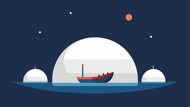 Boat under a large moon with domes in space