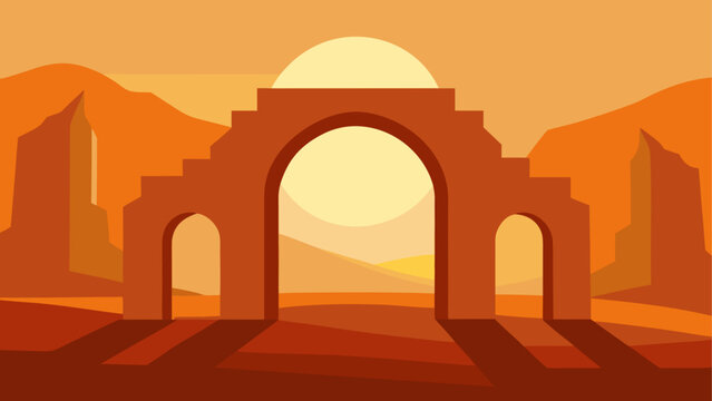 Ancient orange archway at sunset with mountains