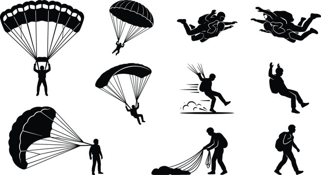 Skydiving and Parachuting Silhouette Icon Set Featuring Tandem Freefall Canopy Flight Gliding Landing and Skydiver Packing Gear for Extreme Sports Graphic Designs