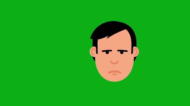 Man smiling face green screen chromakey background 2d animated cartoon animation happy emotion expression head portrait character concept icon loops smoothly on chroma key
