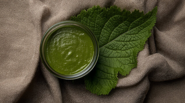 comfrey. Fresh green herbal paste on a linen cloth, a natural remedy prepared. lifestyle magazines, social media lookbooks, designed for influencer and brand collaborations.