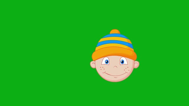 Boy winter hat green screen chromakey background 2d animated cartoon animation child kid emotion expression head portrait concept icon loops smoothly on chroma key