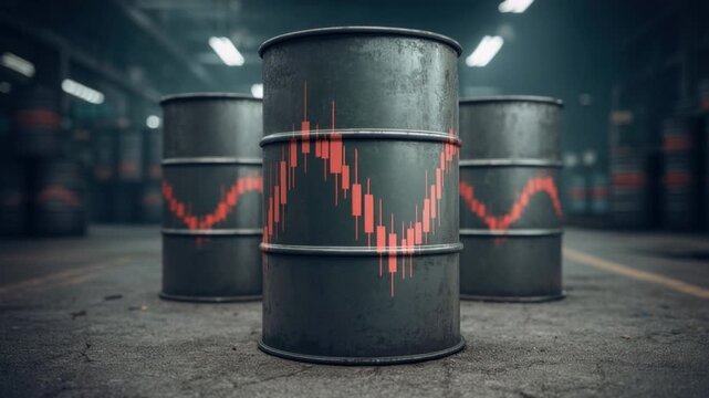 Close-up of industrial metal barrel with fluctuating red stock market candlestick graph in a dimly lit warehouse background depicting risk and commodity trading concept