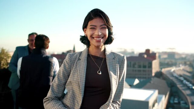 About us, face and business woman on rooftop in city for real estate or urban development. Property developer, project management and smile with happy broker outdoor, commercial building and portrait