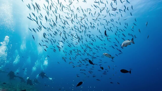 A large school of fish shoal together above a coral reef with divers