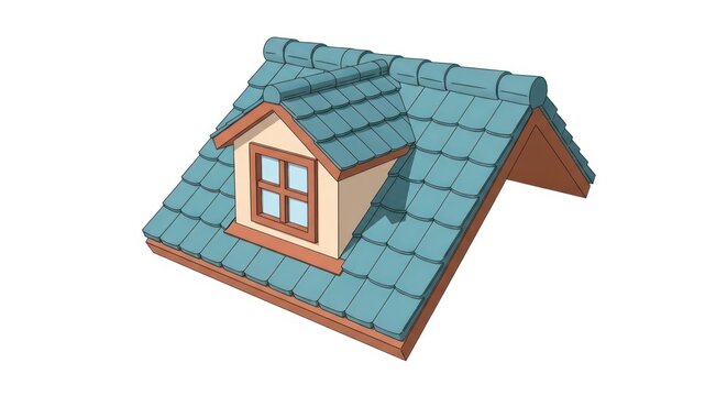 Detailed roof section with blue tiles and dormer window