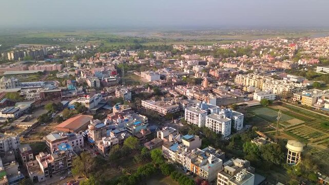 A drone takes off vertically over the holy city of Vrindavan.