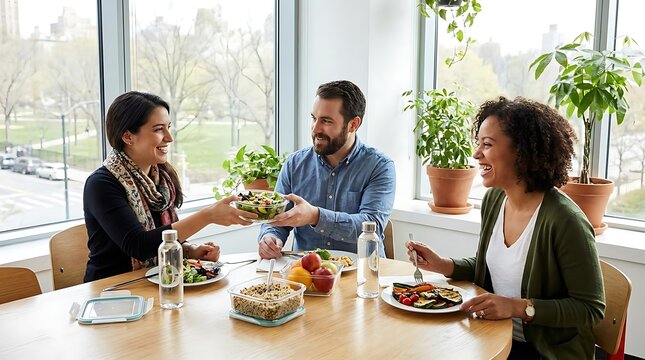 Diverse group of people enjoying healthy lunch break together indoors