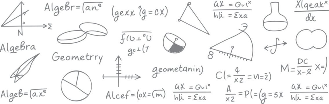 Hand drawn mathematical equations geometric shapes and symbols on white background algebra geometry calculus
