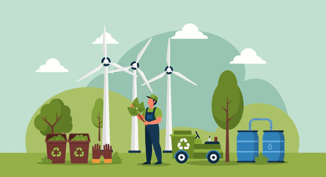 Green energy and recycling concept with wind turbines and person.