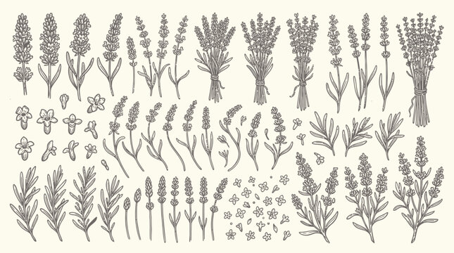 A sketch vector set of various plants and flowers in a botanical illustration style