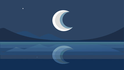 Crescent moon over calm lake at night © sumona