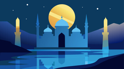 Mosque by serene water under full moon © sumona