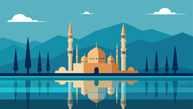 Golden mosque by serene lake with mountains