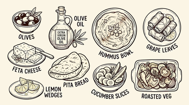 Mediterranean food sketch vector set featuring olives, feta cheese, hummus, pita bread, and cucumber slices on a plate.