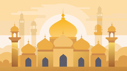 Golden mosque illustration with domes and minarets © sumona