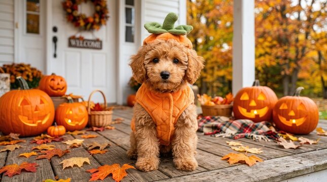 Cute puppy dressed as a pumpkin on a porch with jack o lanterns