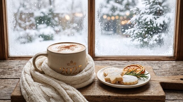 Cozy winter scene with a cup of hot chocolate on a snowy 2027 morning by the window