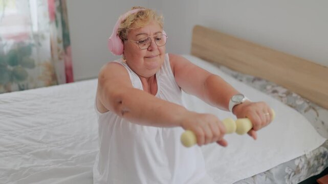 Close up of mature woman doing front dumbbell raises on bed at home fitness at home