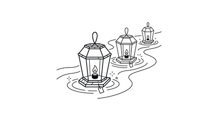 Obraz premium Hand drawn illustration of floating lanterns on water surface.