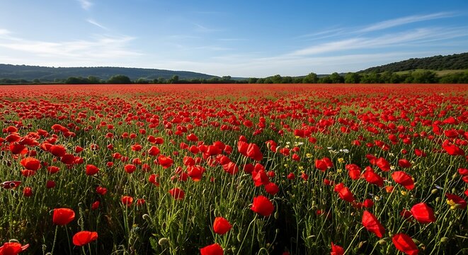 Vast Red Poppy Field Under Blue Sky Landscape.