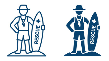 Lifeguard Icon: A stylized icon of a lifeguard, complete with a hat, whistle, and surfboard bearing the word RESCUE, stands ready to assist on a sandy shore, symbolizing safety and vigilance. © Al